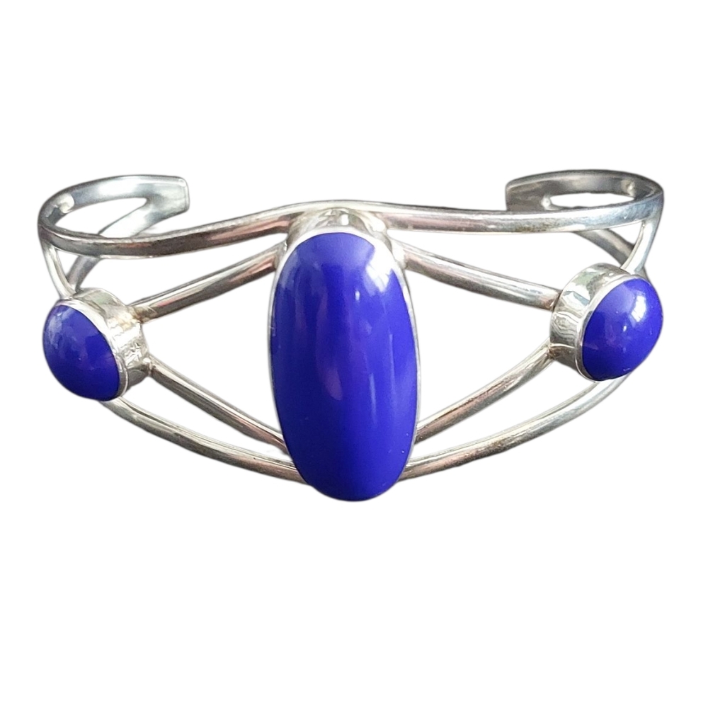 Taxco Vintage Silver Cuff Bracelet with Blue Cabuchon Stones